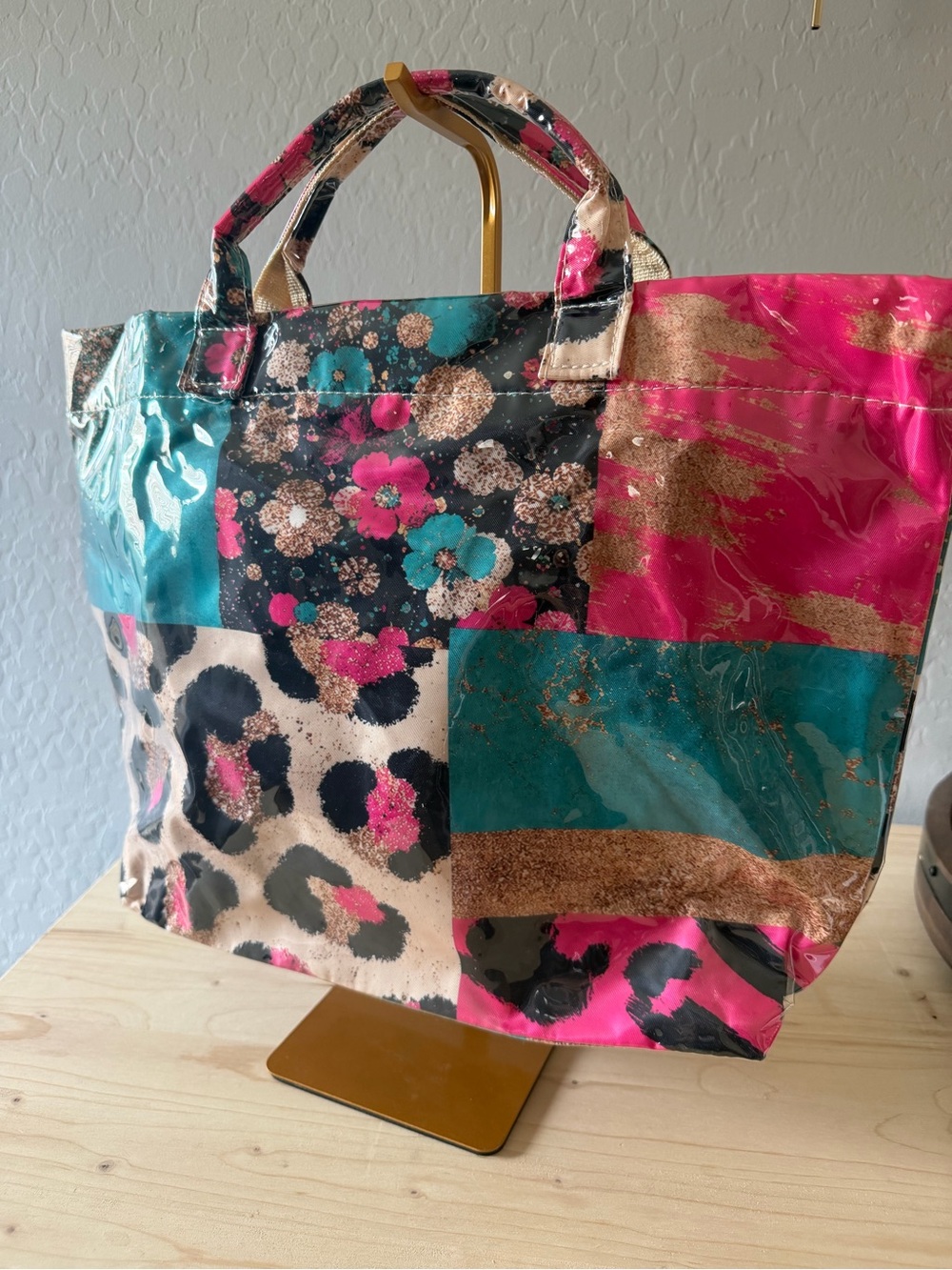 Patchwork Floral & Leopard Tote Bag in Pink, Teal & Black